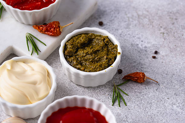 istock Set of different sauces. Ketchup, mustard, pesto 2228178214
