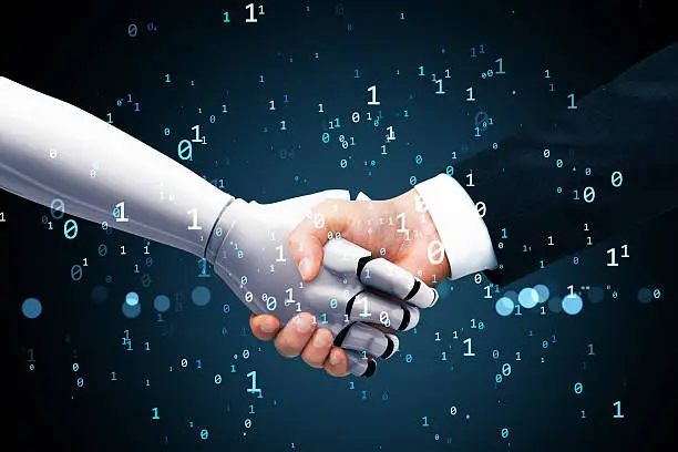 Photo of Robot and human shaking hands amid binary code on dark digital background, symbolizing futuristic business partnership and human-machine collaboration.