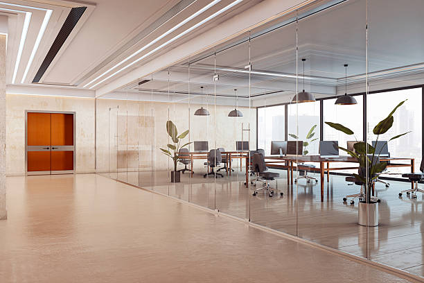 istock Modern corporate office interior with glass partitions, clean hallway, and shared workspace desks overlooking city skyline in daylight. 3D Rendering 2228184019