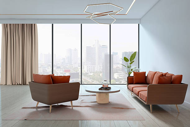 istock Modern lounge area with stylish seating, panoramic city view through large windows, and elegant lighting in contemporary office interior space. 3D Rendering 2228184029