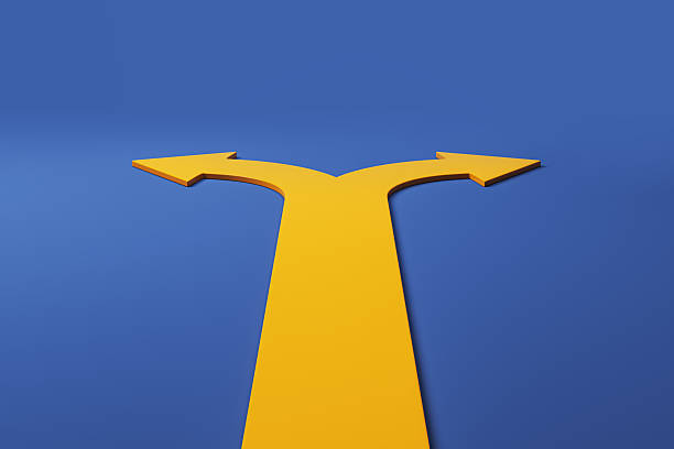 Yellow forked road forming two arrows on blue gradient background, representing concept of decision, choice, future vision and business strategy. 3D Rendering