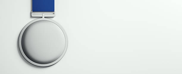 istock Silver medal with blue ribbon on light background, clean design concept with copy space for branding, sport award or champion celebration. 3D Rendering 2228184093
