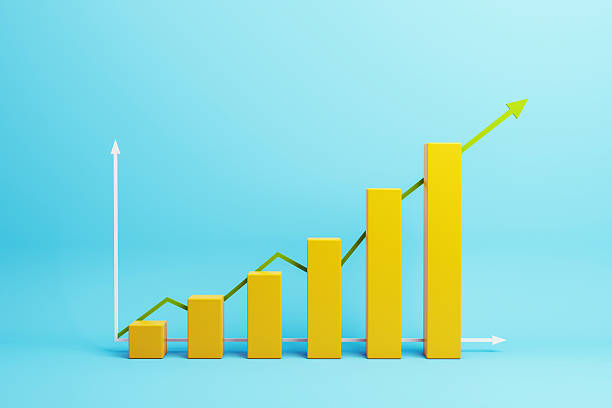 istock Bright yellow bar chart with upward green arrow on light blue background symbolizing financial growth and success in creative business concept. 3D Rendering 2228184119