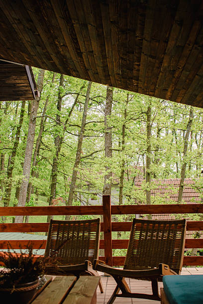 istock Wooden balcony view with forest background 2228185476