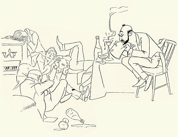 istock Caricature, Man reading letter by candle light, people sleeping, boredom, drunk, Victorian, Vintage illustration, French cartoon Distraits ! par Paul Bilhaud, art 19th Century 2228185916