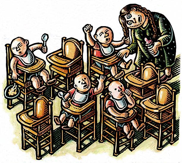white woman at daycare center with many highchairs and babies