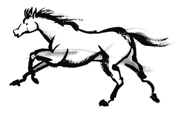 Ink painting of a galloping horse at full speed, New Year's card material for the Year of the Horse.