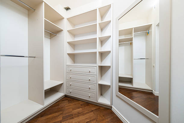 istock Spacious walk-in closet featuring shelves, drawers, and a mirror designed for organized storage 2228195198