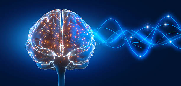 istock Human brain with with waves and electric pulses on dark blue background 2228197557