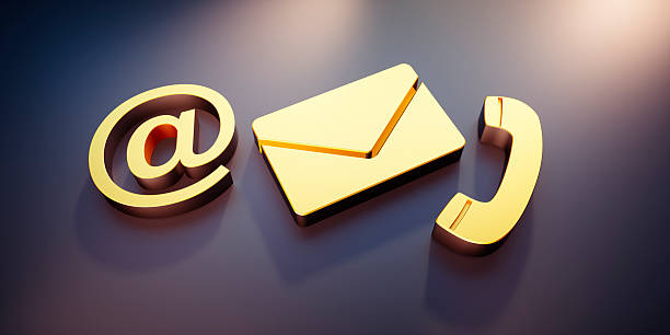 Golden communication symbols on dark background - 3D illustration