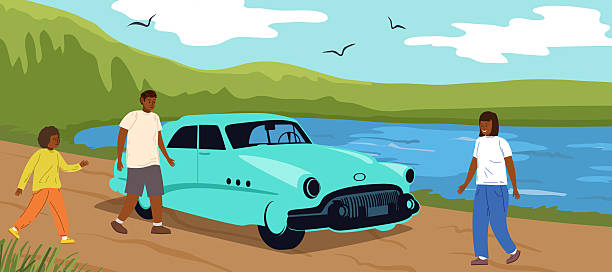 Family Enjoying A Day Trio In Their Vintage Car