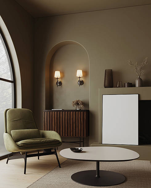 Modern Minimalist Interior with Blank Poster Frame and Soft Lighting.