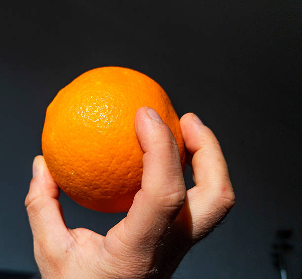 istock Hand holding a ripe orange fruit on dark background 2228216485