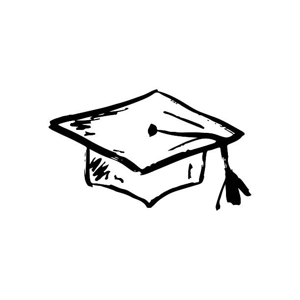 Graduate's cap design in black brush stroke texture isolated on white. Hand drawn vector sketch illustration in vintage charcoal ink. Graduation cap as a symbol of knowledge in school, concept.