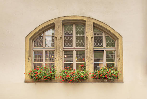 istock Historic arched window with flower boxes and decorative glass panes on a building in Regensburg, Germany 2228229465