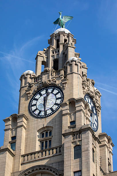 View of the historic Royal Liver Building, located on the waterfront at Pier Head in Liverpool, UK.