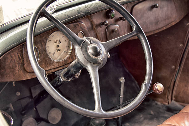 wheel car of mid-20th century. Interior of old car (car salon)