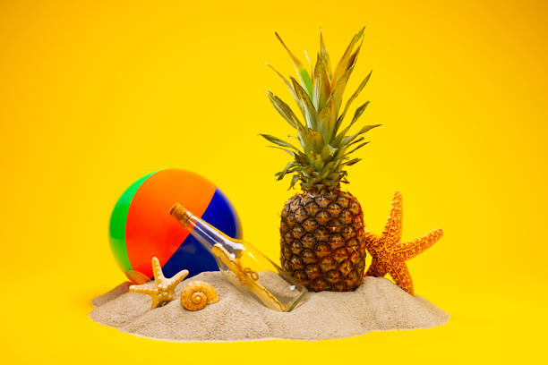 tropical fruit coconut and pineapple on beach .summer vacation concept