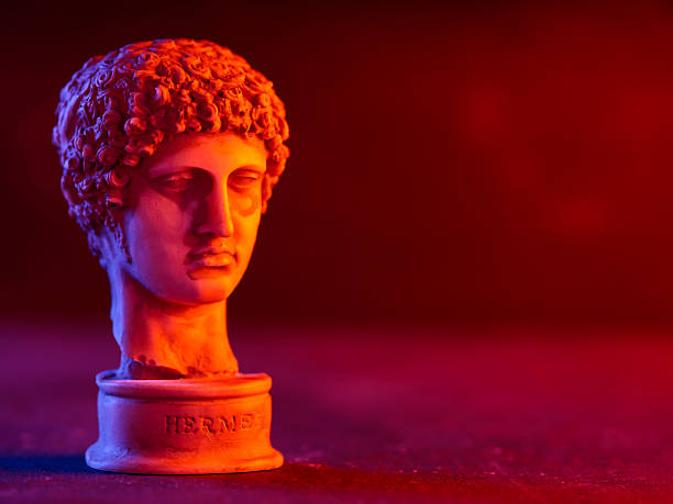 istock Hermes Classical Marble Bust with Red Purple Neon Lighting 2228243643