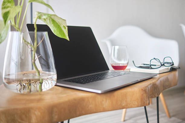 Modern home office setup featuring laptop on stand, promoting comfortable and productive remote work in stylish living room