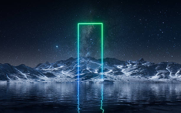 istock Glowing neon lines on the lake at night, 3d rendering. 2228246493