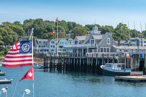 Several sailboats moored in the harbor of Rockport, Massachusetts.