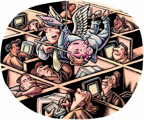 businessman with angel wings and mortarboard teaches employees in cubicles how to save