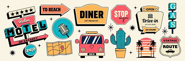 Retro sticker set with motel sign, van, diner, gas, cactus and other road trip elements. Vector illustration in vintage colorful style for vintage travel summer designs
