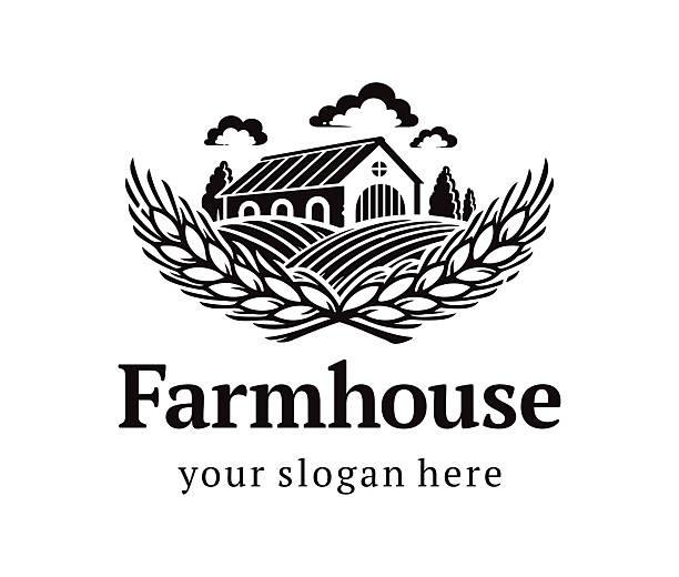 Farmhouse and ears of wheat design element