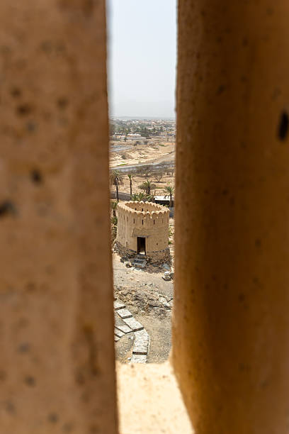 A view from the roof of a traditional fort in the UAE, showing the crenellated walls stretching into the distance. The light-colored stone or mud-brick structure contrasts with the clear, deep blue sky. A robust tower is visible in the background, emphasizing the fort's defensive architecture.
