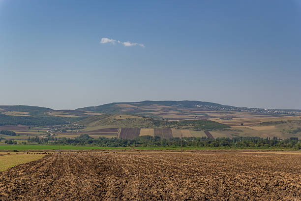 This expansive landscape showcases the vast, rolling farmlands and hills of Azerbaijan under a clear blue sky. Freshly tilled brown fields contrast with strips of lighter colored crops and distant green vegetation. A small cloud drifts above the distant undulating horizon, highlighting the peaceful rural environment.
