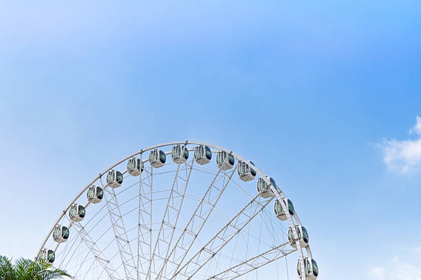 istock White ferris wheel with modern cabins against minimalist blue background 2228283550