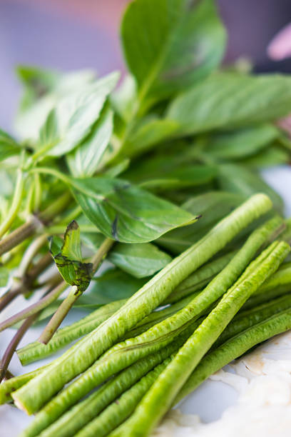 Vegetable set, sweet basil with green beans eat with Som tum. Thai authentic food