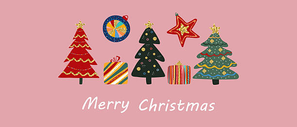 istock Hand drawn Christmas card with stylized trees, ornaments, gift boxes and festive golden glittering decor on red background. 2228284387