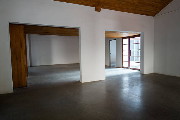 Empty room interior with concrete floor and wood ceiling