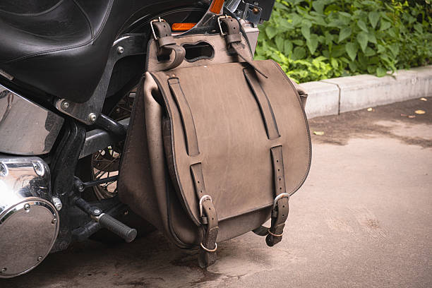istock Vintage leather motorcycle saddlebag. Handcrafted leather motorcycle travel bag 2228290589