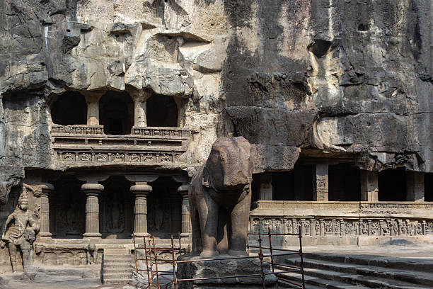 Ancient Rock-Cut Caves with Elephant Statue