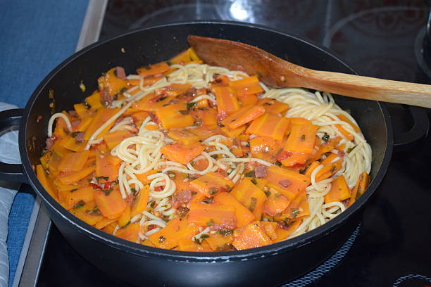 istock spaghetti with fried carrots in a pan 2228295226