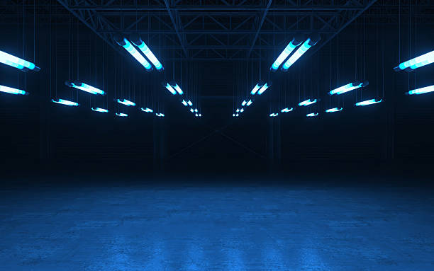 istock Industrial Space with Blue LED Lighting and Reflective Floor 2228295716