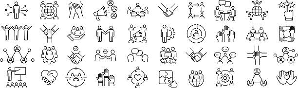 ilustraciones, imágenes clip art, dibujos animados e iconos de stock de conjunto de iconos de línea vectorial monocromática de partes interesadas - cliente