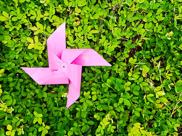 pink toy pinwheel against green grass background
