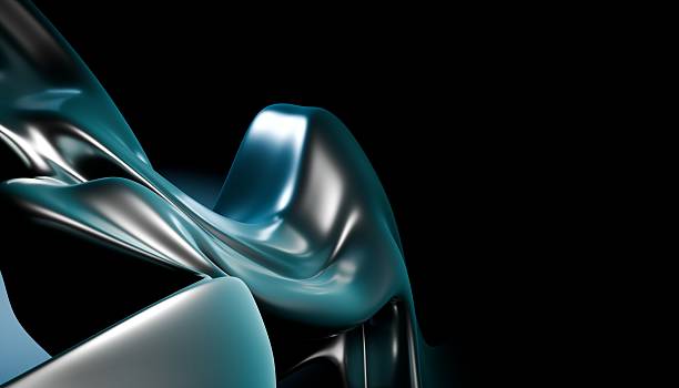 A fluid metallic surface with a glossy finish flows against a dark background