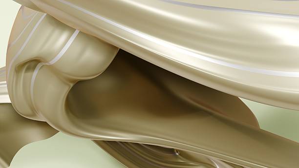 Smooth, flowing abstract shapes dominate the image, featuring metallic gold hues with a satin-like texture