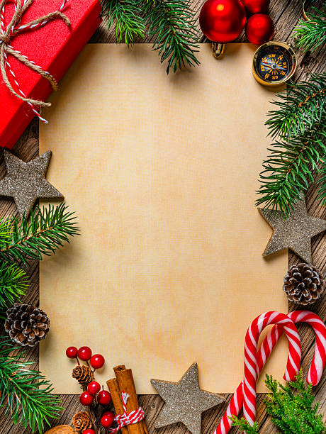 istock Blank greeting card or invitation for Christmas Holidays, rustic and old fashioned background. Flat lay and decor, gift box, fir tree. candy canes and evening balls border 2228310673