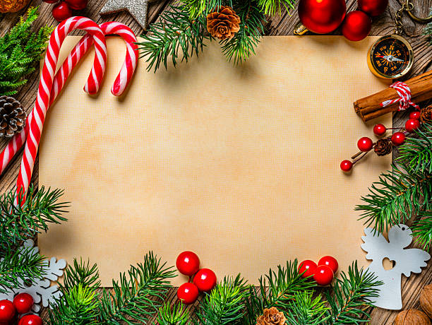 istock Blank greeting card or invitation for Christmas Holidays, rustic and old fashioned background. Flat lay and decor, fir tree. candy canes and evening balls border 2228310674