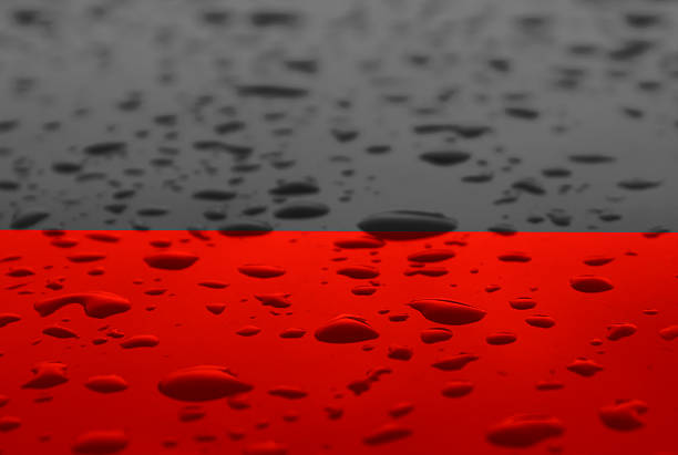 Vibrant red umbrella glistening with raindrops under bright sunlight creates striking contrast between wet and dry, highlighting texture and evoking a sense of protection