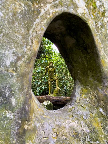 A unique and captivating shot capturing a weathered, moss-covered statue of a man standing amidst dense tropical foliage, viewed through an organic, tear-drop shaped opening in a large rock. The focus is on the statue, creating a sense of discovery and hidden wonder, while the blurred rock frame adds depth and a voyeuristic feel to the scene