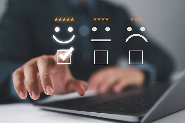 istock Evaluations Satisfaction after service online, user give ratings to service experience on the online application, customers choose review rating scores excellently, shopping online scores, testimonial 2228315642
