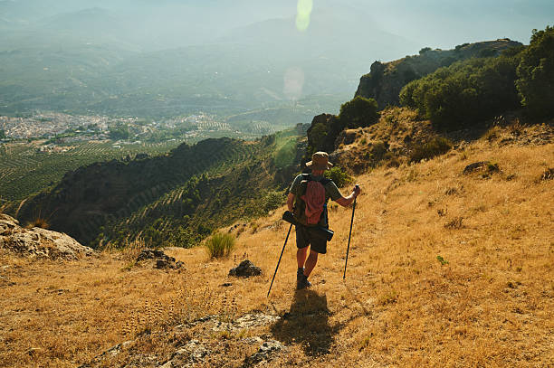 A hiker with trekking poles overlooks a valley surrounded by rolling landscapes, golden fields, and a distant village. The sunlight highlights the warm and picturesque scenery.