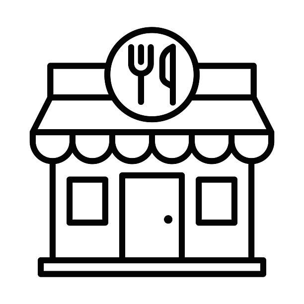 A black and white drawing of a restaurant with a sign that says "fork and knife" on it. Editable Stroke. A black and white drawing of a restaurant with a sign that says "fork and knife" on it. Editable Stroke restaurant stock illustrations
